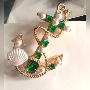 Jeweled Anchor Brooch Emerald Green & Pearl Seashell Beads